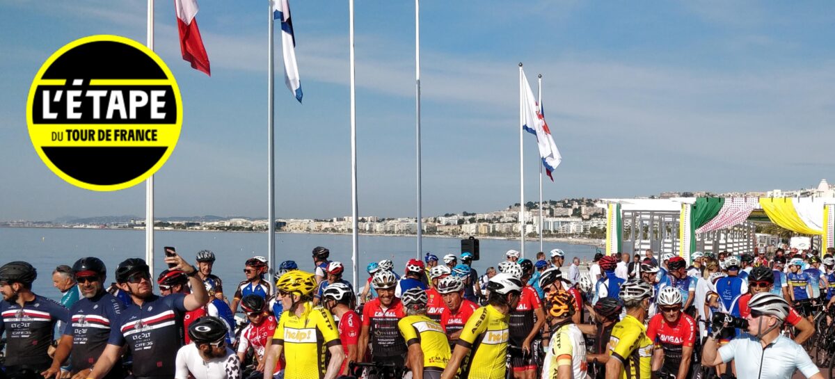 A gathering of cyclists on the Promenade des Anglais in Nice, the location for the start of the 2021 Etape du Tour